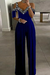 Dames Feestelijke Jumpsuit met Strassrand en Open Schouders