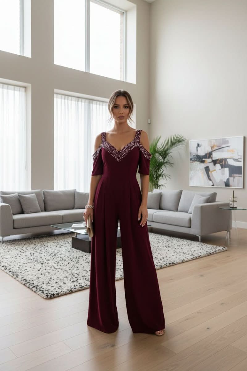 Dames Feestelijke Jumpsuit met Strassrand en Open Schouders