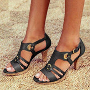 Monika Sandals | Open-Toe Adjustable Buckle Medium Heel Sandals