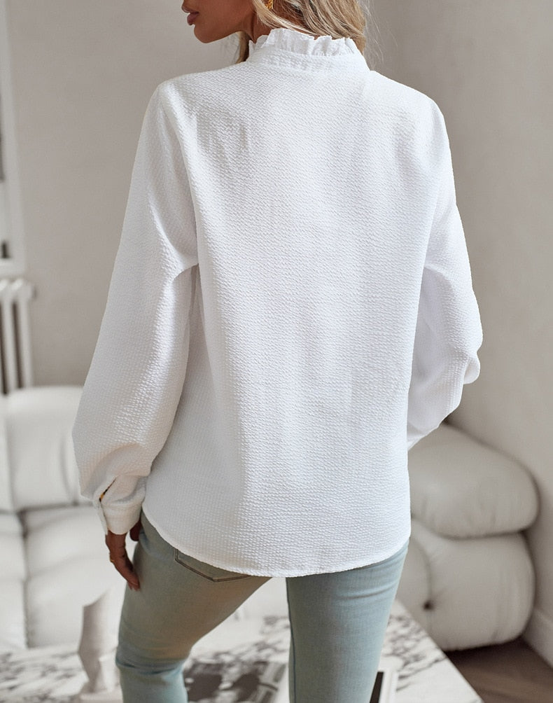 Jamie - Blouse with ruffles and stand-up collar
