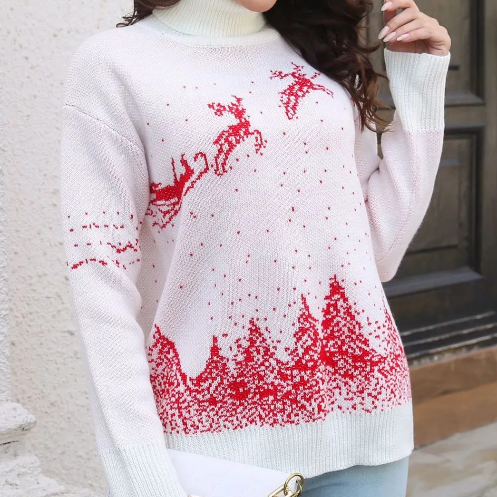 White Christmas Sweater for Women with Reindeer Print Knitted and Warm