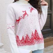 White Christmas Sweater for Women with Reindeer Print Knitted and Warm