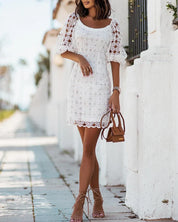 Nancy Dress | Lace Overlay Fitted Silhouette Puff Sleeves Mini Dress
