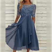 Robe midi élégante femme avec dentelle et coupe fluide confortable