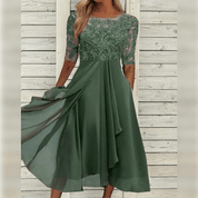 Robe midi élégante femme avec dentelle et coupe fluide confortable
