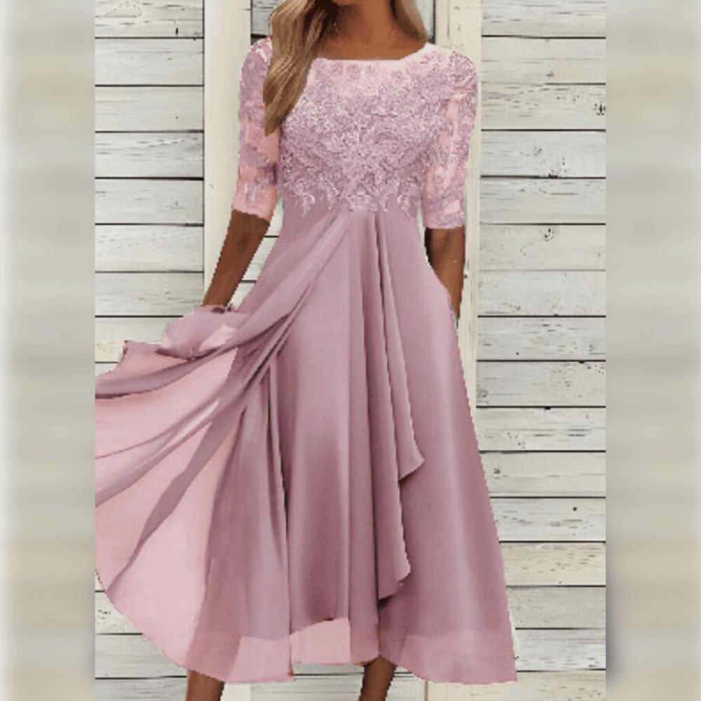 Robe midi élégante femme avec dentelle et coupe fluide confortable