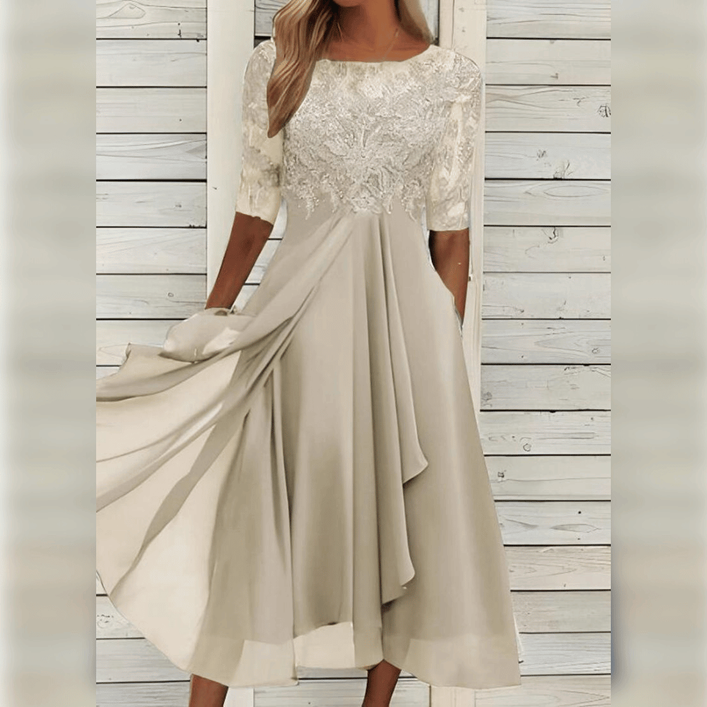 Robe midi élégante femme avec dentelle et coupe fluide confortable