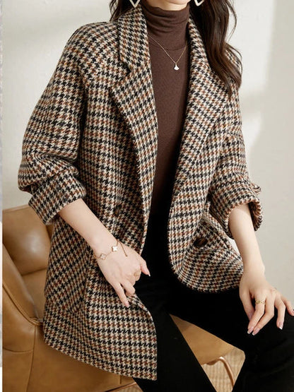 Bruine Elegante Geruite Winter Manteljas Dames