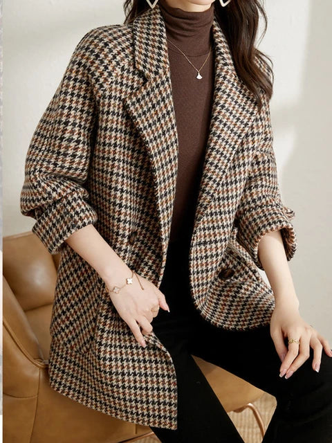 Bruine Elegante Geruite Winter Manteljas Dames