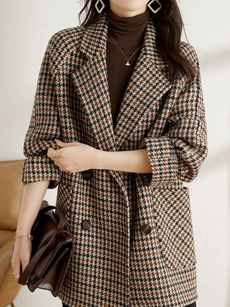 Bruine Elegante Geruite Winter Manteljas Dames