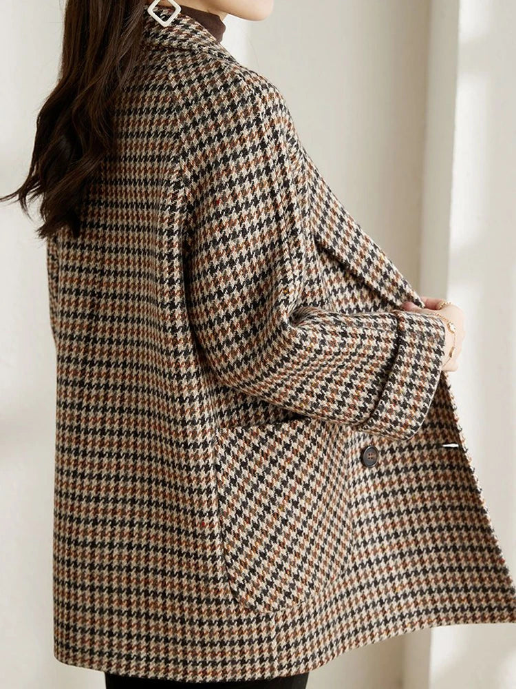 Bruine Elegante Geruite Winter Manteljas Dames