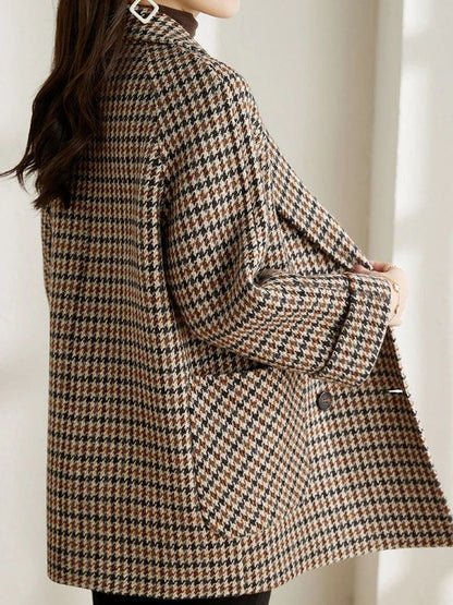 Bruine Elegante Geruite Winter Manteljas Dames