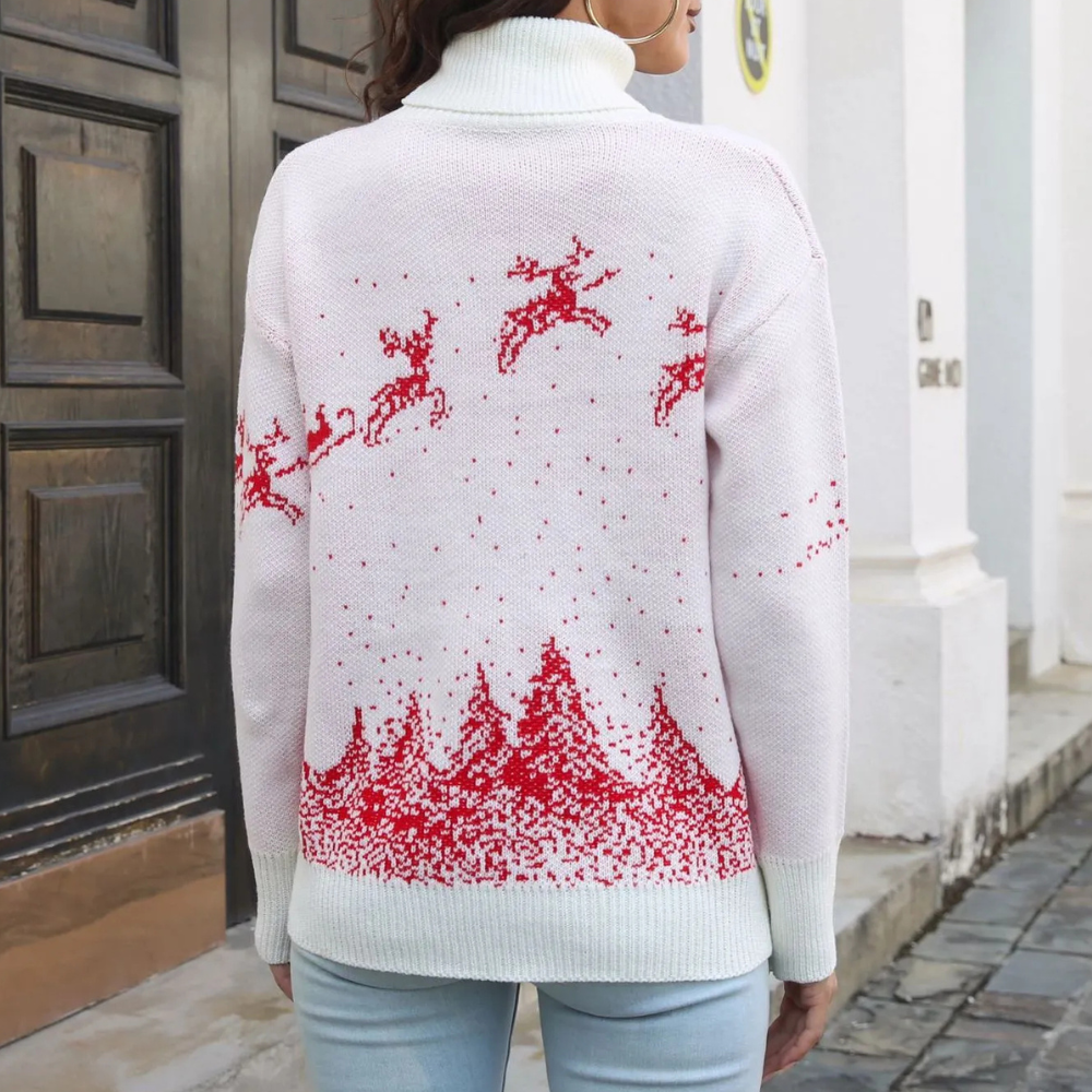 White Christmas Sweater for Women with Reindeer Print Knitted and Warm