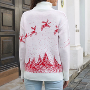 White Christmas Sweater for Women with Reindeer Print Knitted and Warm