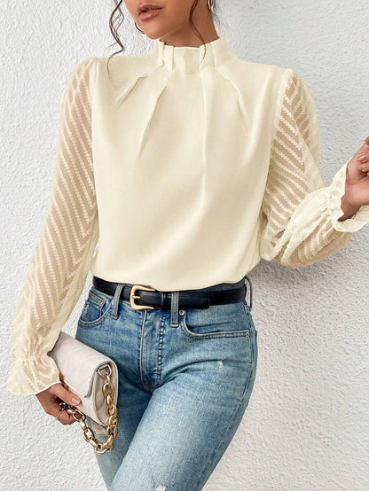 Dames Blouse met Transparante Mouwen en Geplooide Hals