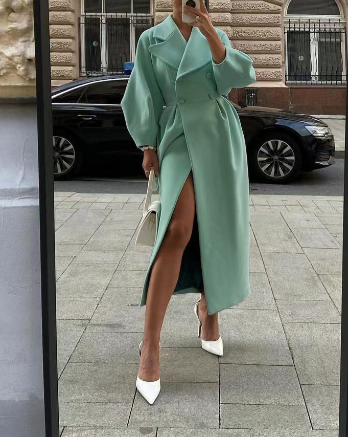 Damski elegancki dwurzędowy płaszcz zimowy maxi z kołnierzem z klapami