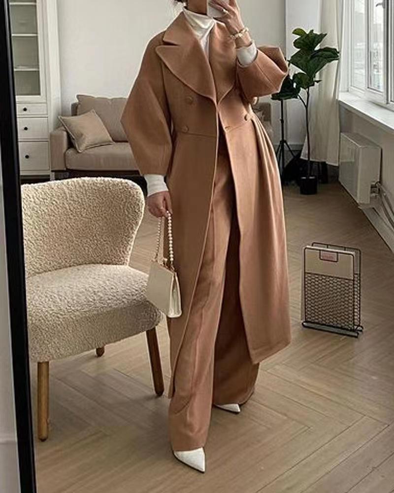 Damski elegancki dwurzędowy płaszcz zimowy maxi z kołnierzem z klapami