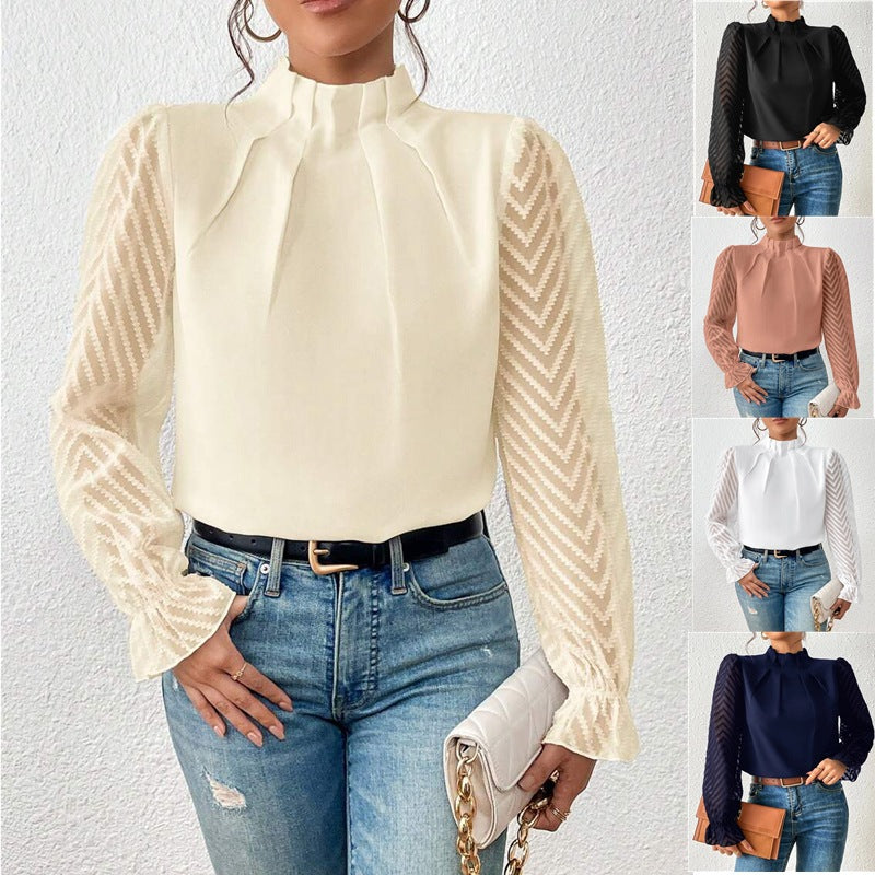 Dames Blouse met Transparante Mouwen en Geplooide Hals
