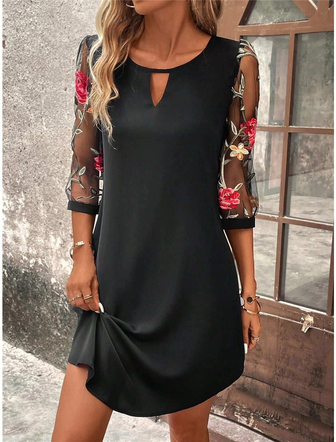 Cocktail Dress with Embroidered Sleeves and Keyhole Neckline