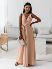 Elegant Cocktail Maxi Dress with V-Neck and Bow Detail
