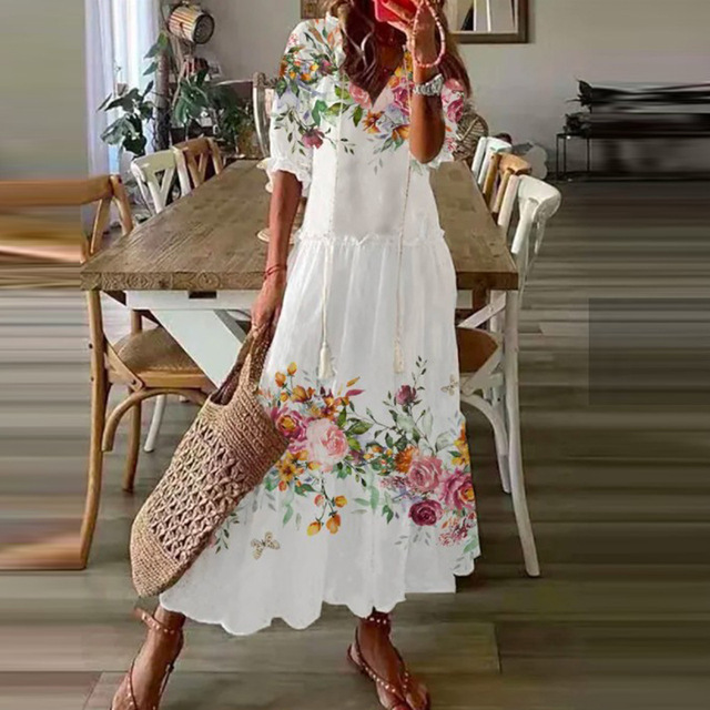Robe maxi bohème à imprimé floral et col en V