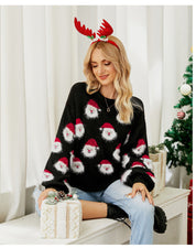 Christmas Sweater Women Knitted Warm Santa Claus Pattern Crew Neck