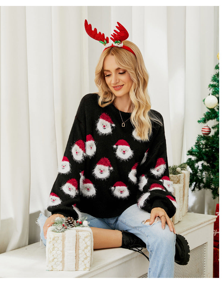 Christmas Sweater Women Knitted Warm Santa Claus Pattern Crew Neck