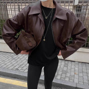 Leather Jacket for Women Short Brown with Zipper, Pockets, and Oversized Fit
