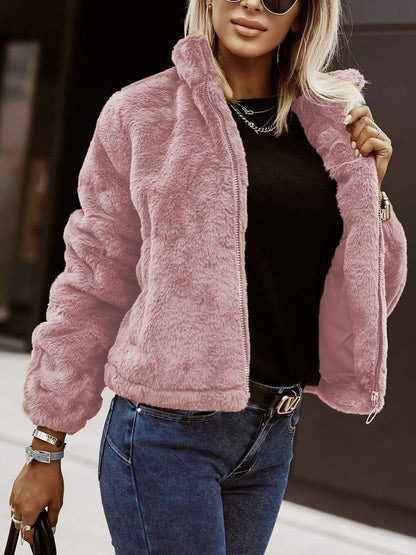 Teddy Fleece Winterjas Voor Vrouwen Met Rits En Hoge Kraag