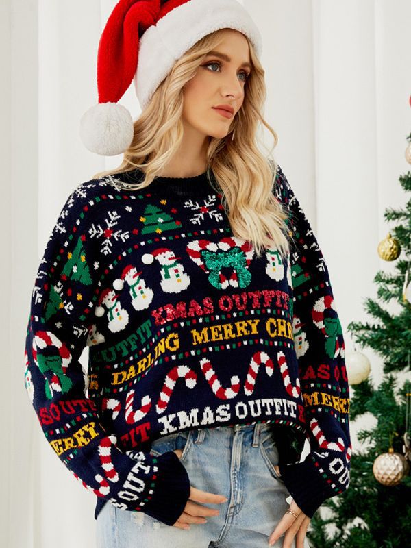 Donkerblauwe Kersttrui voor Dames Oversized Gebreide met Feestelijk Motief