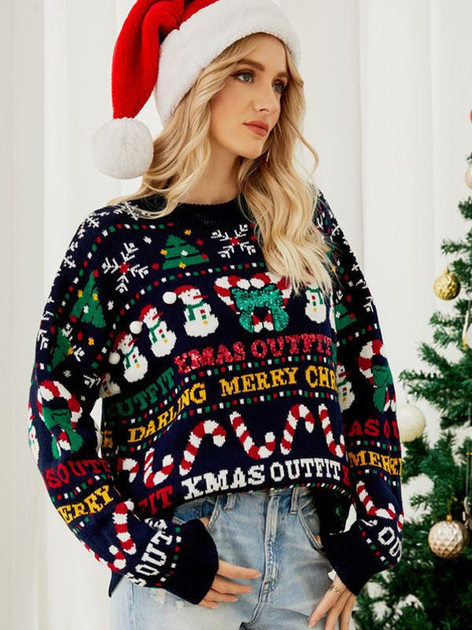 Donkerblauwe Kersttrui voor Dames Oversized Gebreide met Feestelijk Motief