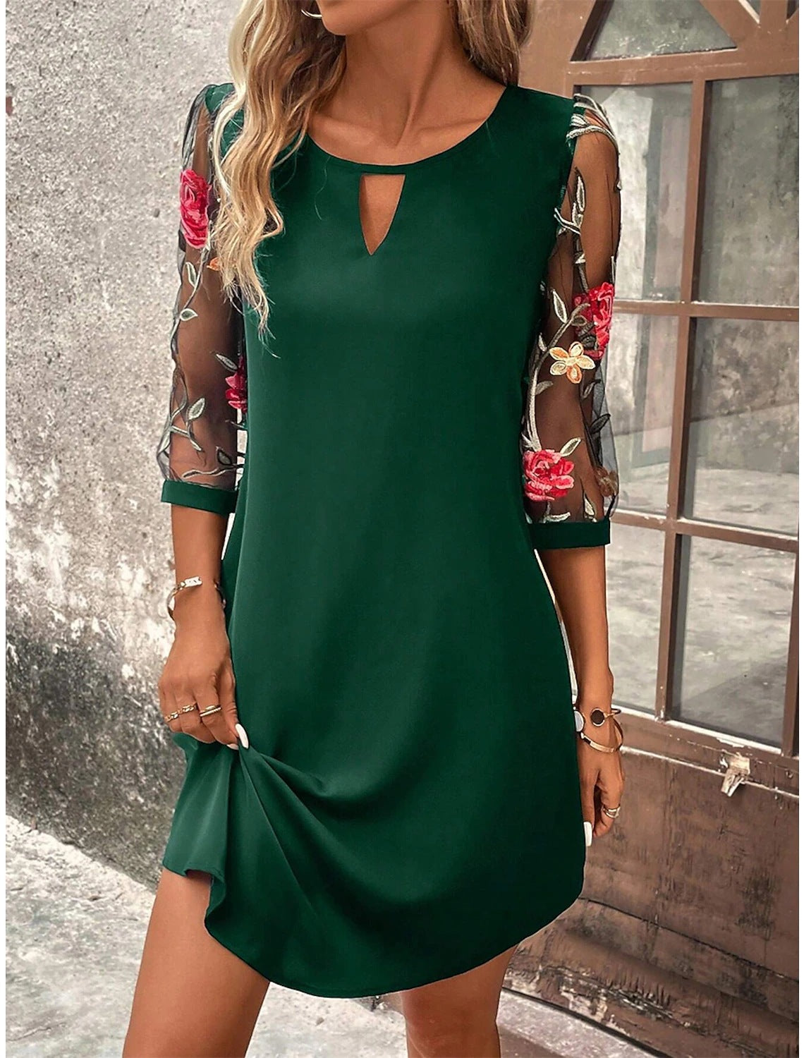 Cocktail Dress with Embroidered Sleeves and Keyhole Neckline
