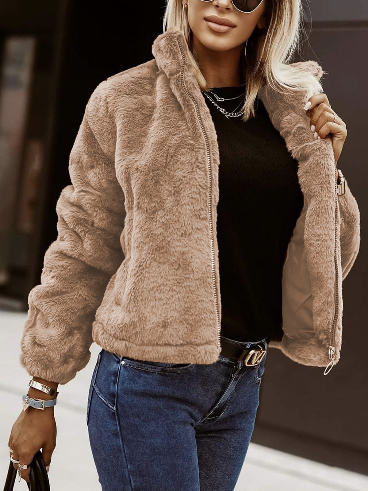 Teddy Fleece Winterjas Voor Vrouwen Met Rits En Hoge Kraag