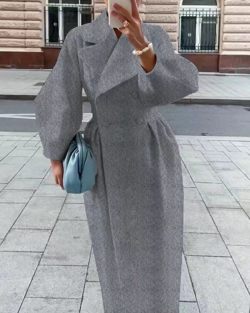 Damski elegancki dwurzędowy płaszcz zimowy maxi z kołnierzem z klapami