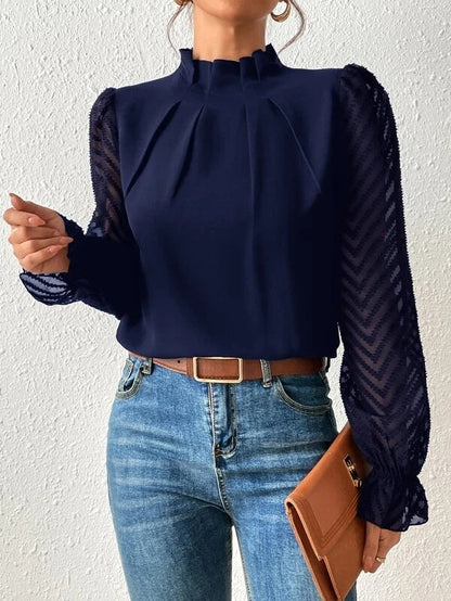 Dames Blouse met Transparante Mouwen en Geplooide Hals