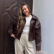 Leather Jacket for Women Short Brown with Zipper, Pockets, and Oversized Fit