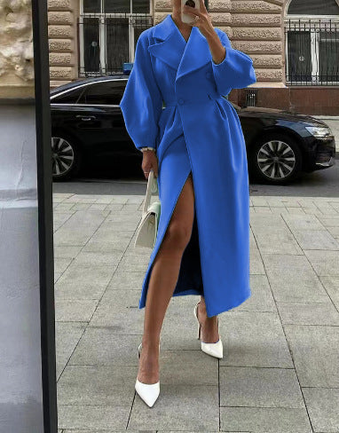 Damski elegancki dwurzędowy płaszcz zimowy maxi z kołnierzem z klapami