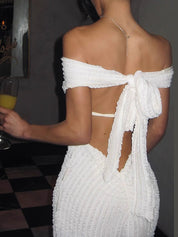 White Chic Off-Shoulder Maxi Dress with Open Back for Women Gala