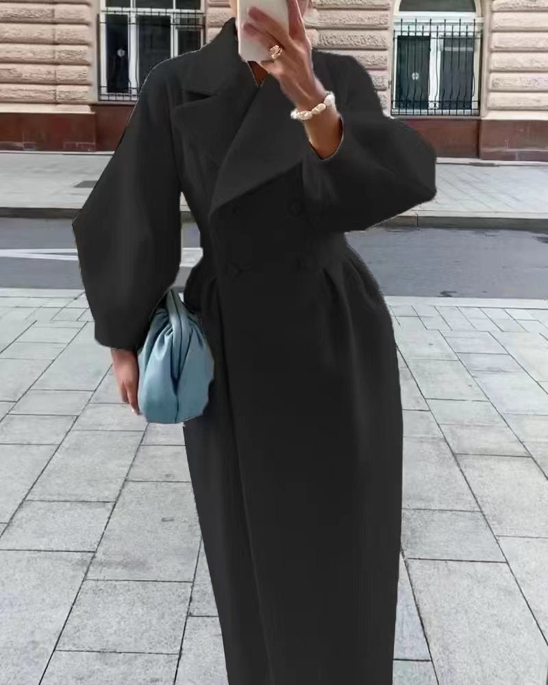 Damski elegancki dwurzędowy płaszcz zimowy maxi z kołnierzem z klapami