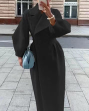 Damski elegancki dwurzędowy płaszcz zimowy maxi z kołnierzem z klapami