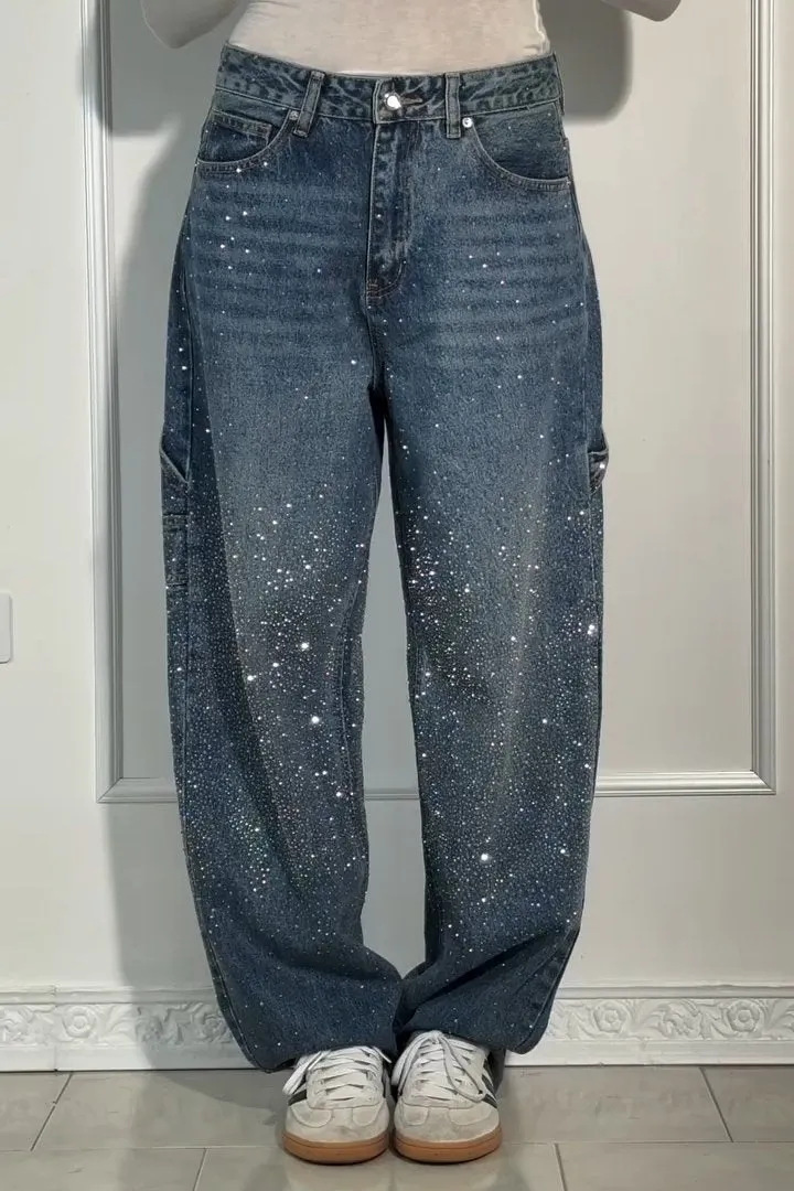 Dames Hoge Taille Rechte Jeans met Glitter