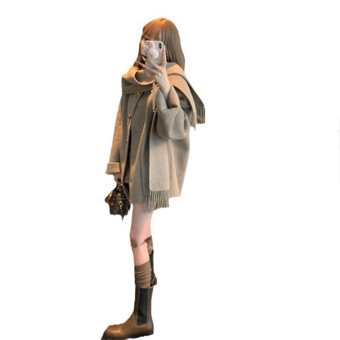 Bruine Wollen Winterjas Stijlvol Oversized met Sjaal Dames