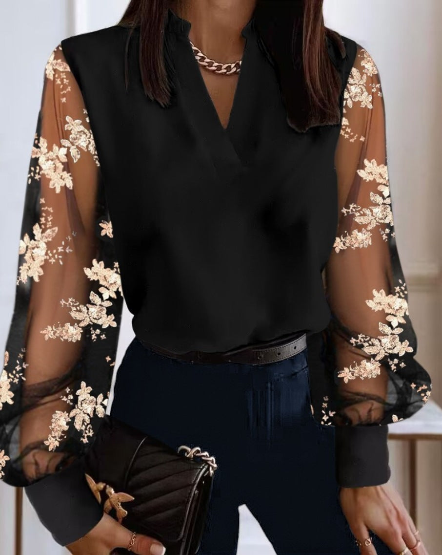 Elegant Women’s Blouse with V-Neck Long Sleeves Transparent Detail