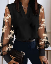 Elegant Women’s Blouse with V-Neck Long Sleeves Transparent Detail