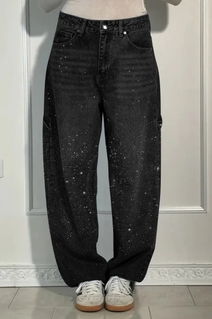 Dames Hoge Taille Rechte Jeans met Glitter