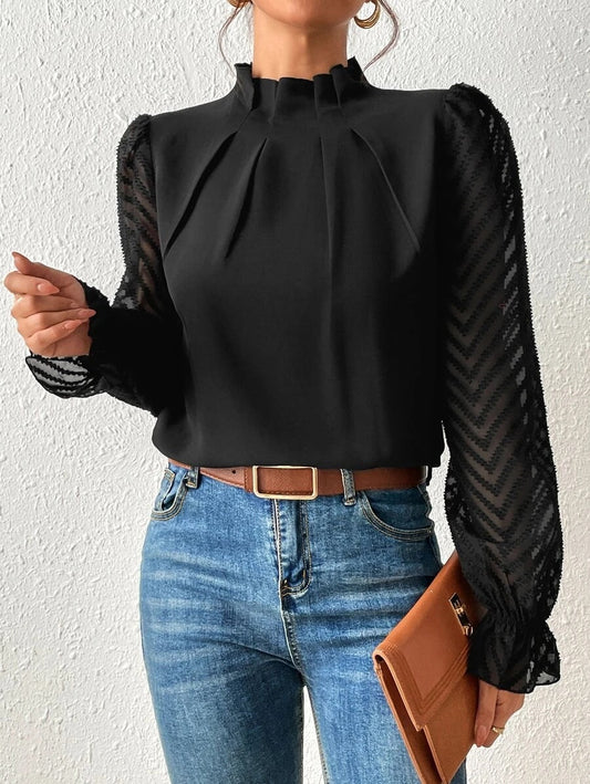 Dames Blouse met Transparante Mouwen en Geplooide Hals