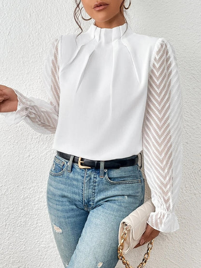 Dames Blouse met Transparante Mouwen en Geplooide Hals