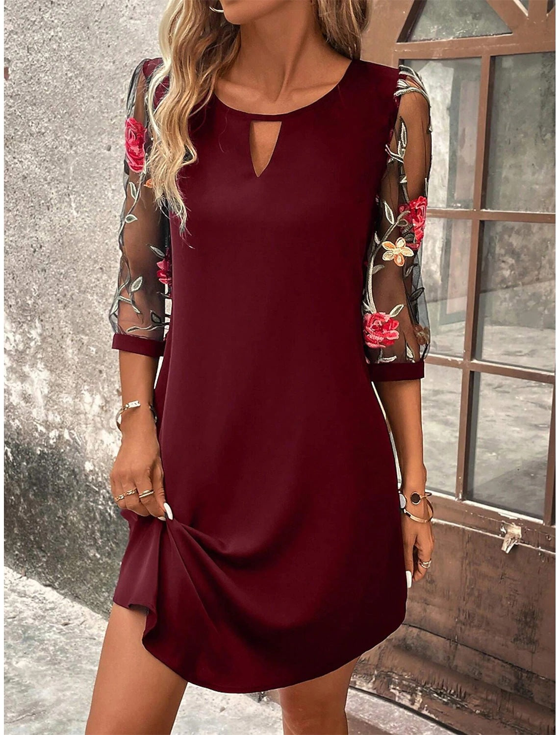 Cocktail Dress with Embroidered Sleeves and Keyhole Neckline