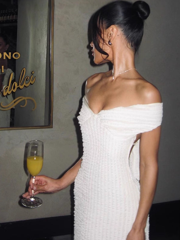 White Chic Off-Shoulder Maxi Dress with Open Back for Women Gala