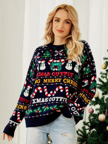 Donkerblauwe Kersttrui voor Dames Oversized Gebreide met Feestelijk Motief